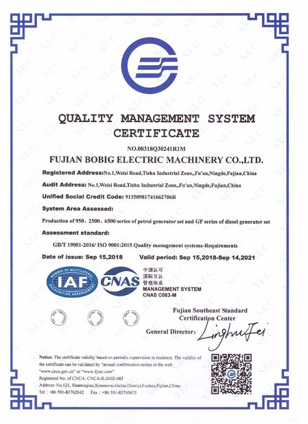 ประเทศจีน FUJIAN BOBIG ELECTRIC MACHINERY CO.,LTD รับรอง